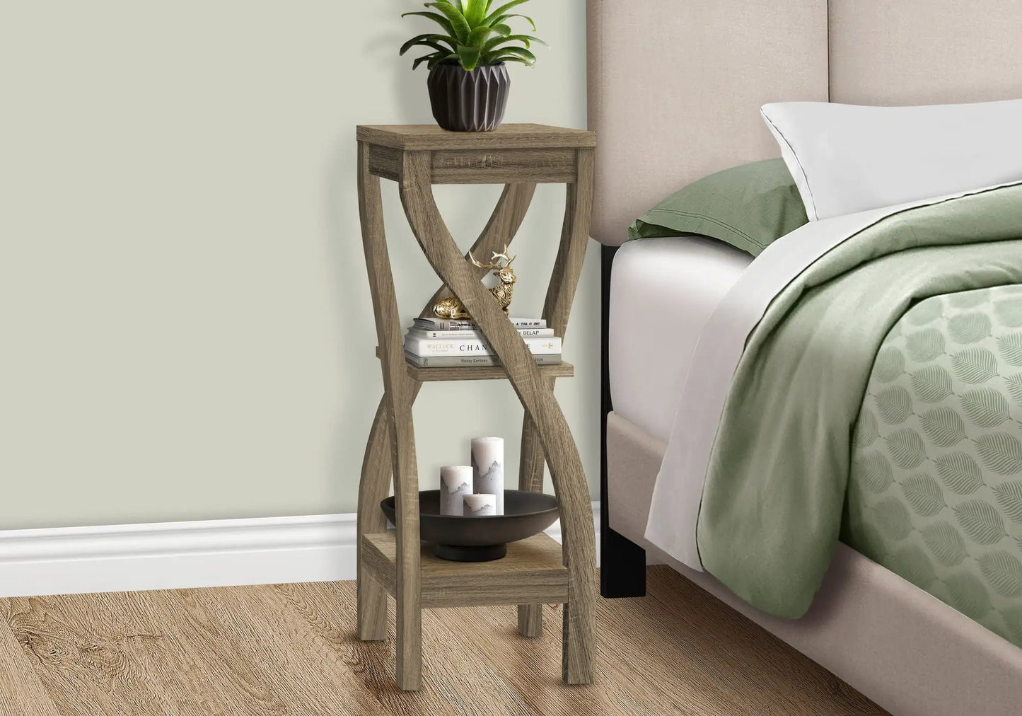Accent table by Unique Piece Furniture: square rustic wood, curved legs, plant on top on Tampa Home & Garden Store