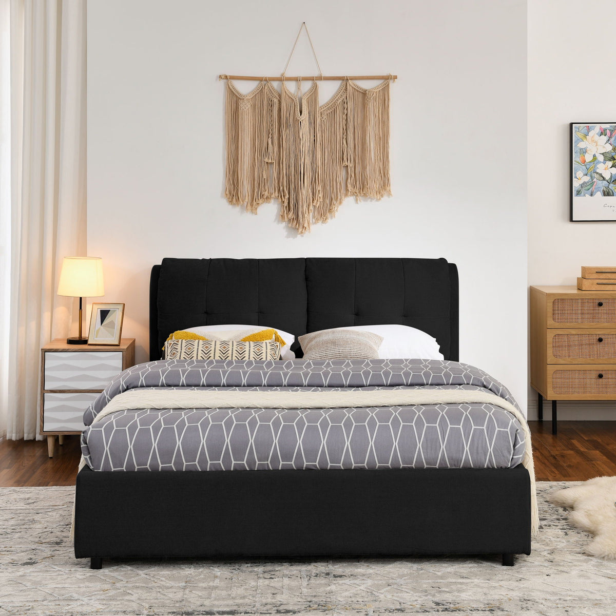 Storage upholstered platform bed with integrated headboard in black fabric, modern bedroom on Tampa Home & Garden Store