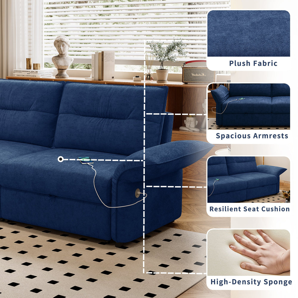 85-Inch Convertible Sofa Bed by HouseOfZazla in plush blue fabric with spacious armrests on Tampa Home & Garden Store