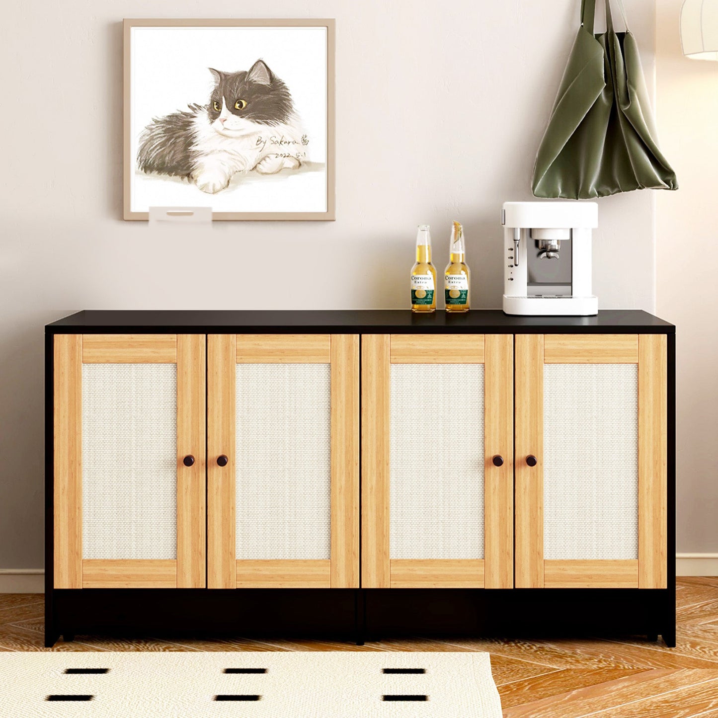 Double Litter Box Enclosure for Cats by HouseOfZazla in a light wood cabinet with woven doors on Tampa Home & Garden Store