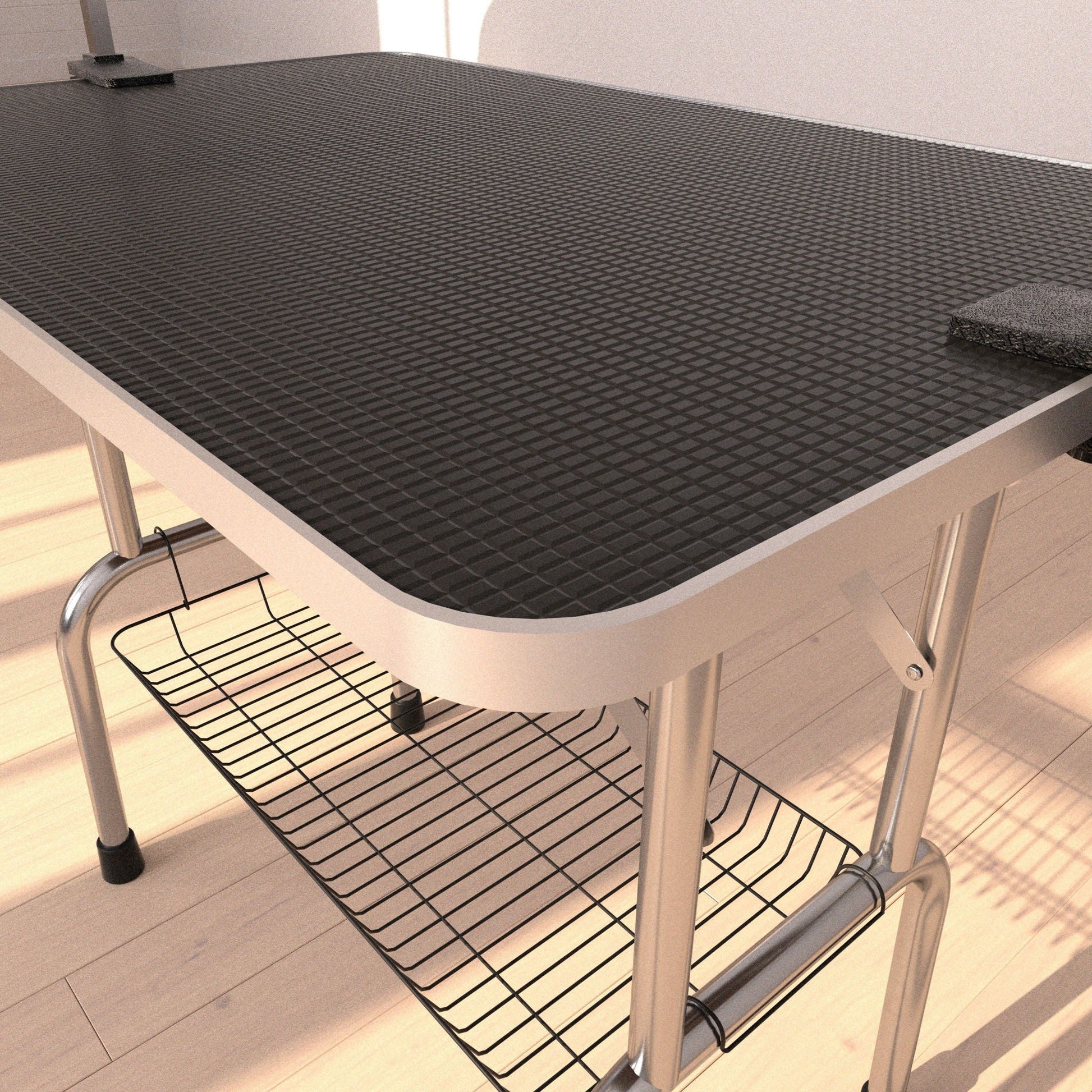 Professional dog grooming table with black textured top, metal frame, under-table mesh shelf on Tampa Home & Garden Store