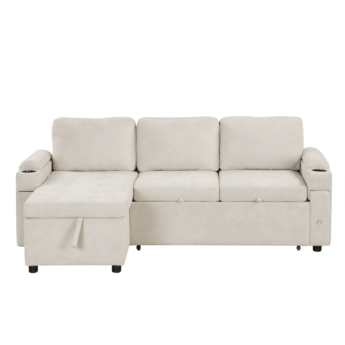 Convertible L-shaped sofa with left storage chaise, beige fabric, cup holders in armrests on Tampa Home & Garden Store