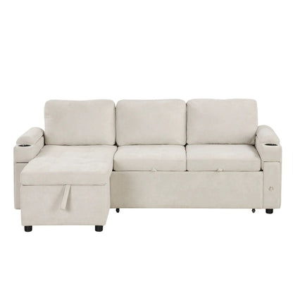 Convertible L-shaped sofa with left storage chaise, beige fabric, cup holders in armrests on Tampa Home & Garden Store