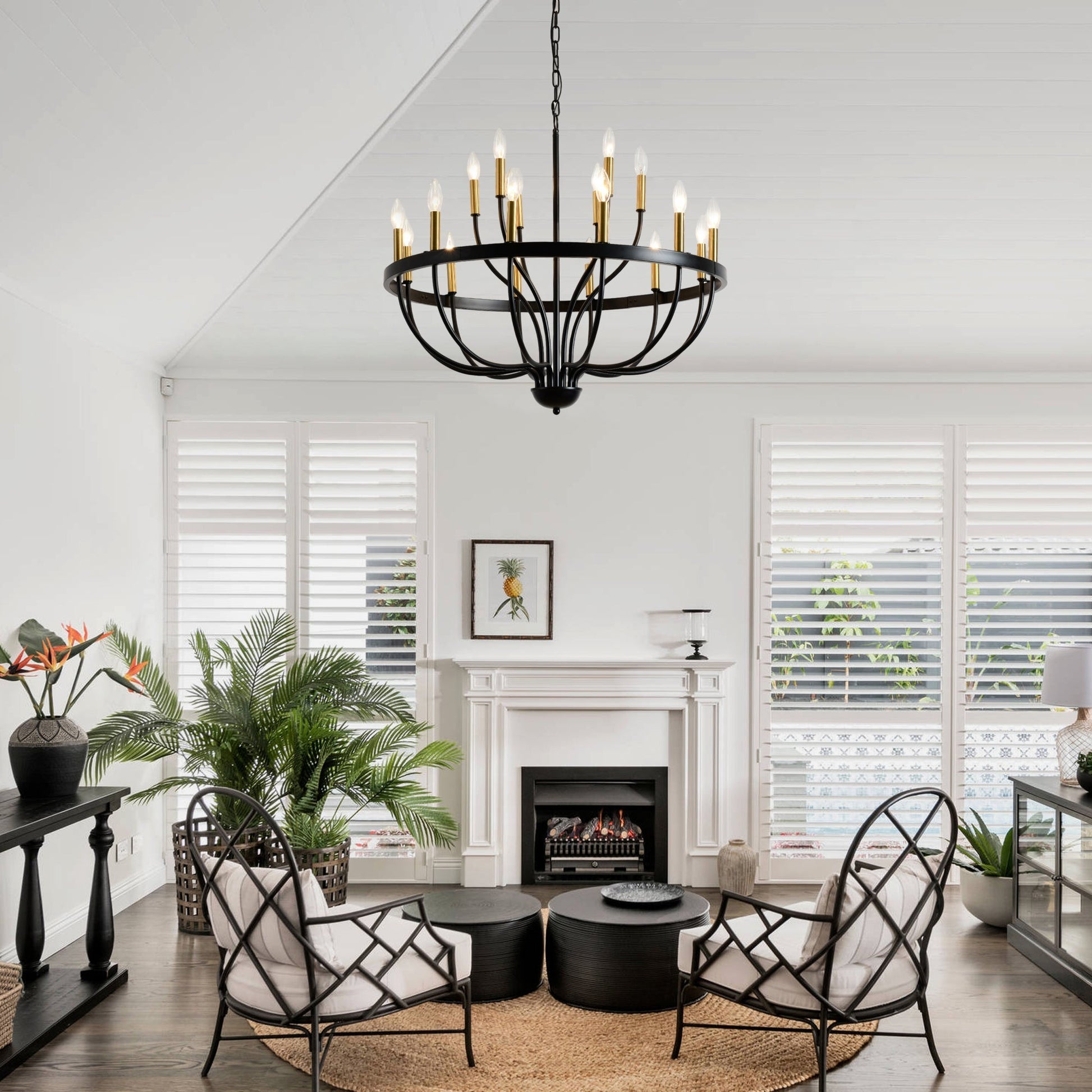 18-Light industrial iron candle chandelier with black circular frame and brass candle cups on Tampa Home & Garden Store