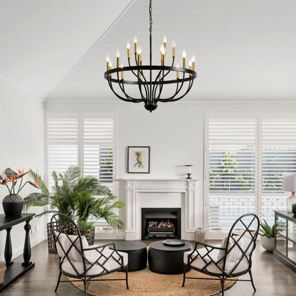 18-Light industrial iron candle chandelier with black circular frame and brass candle cups on Tampa Home & Garden Store