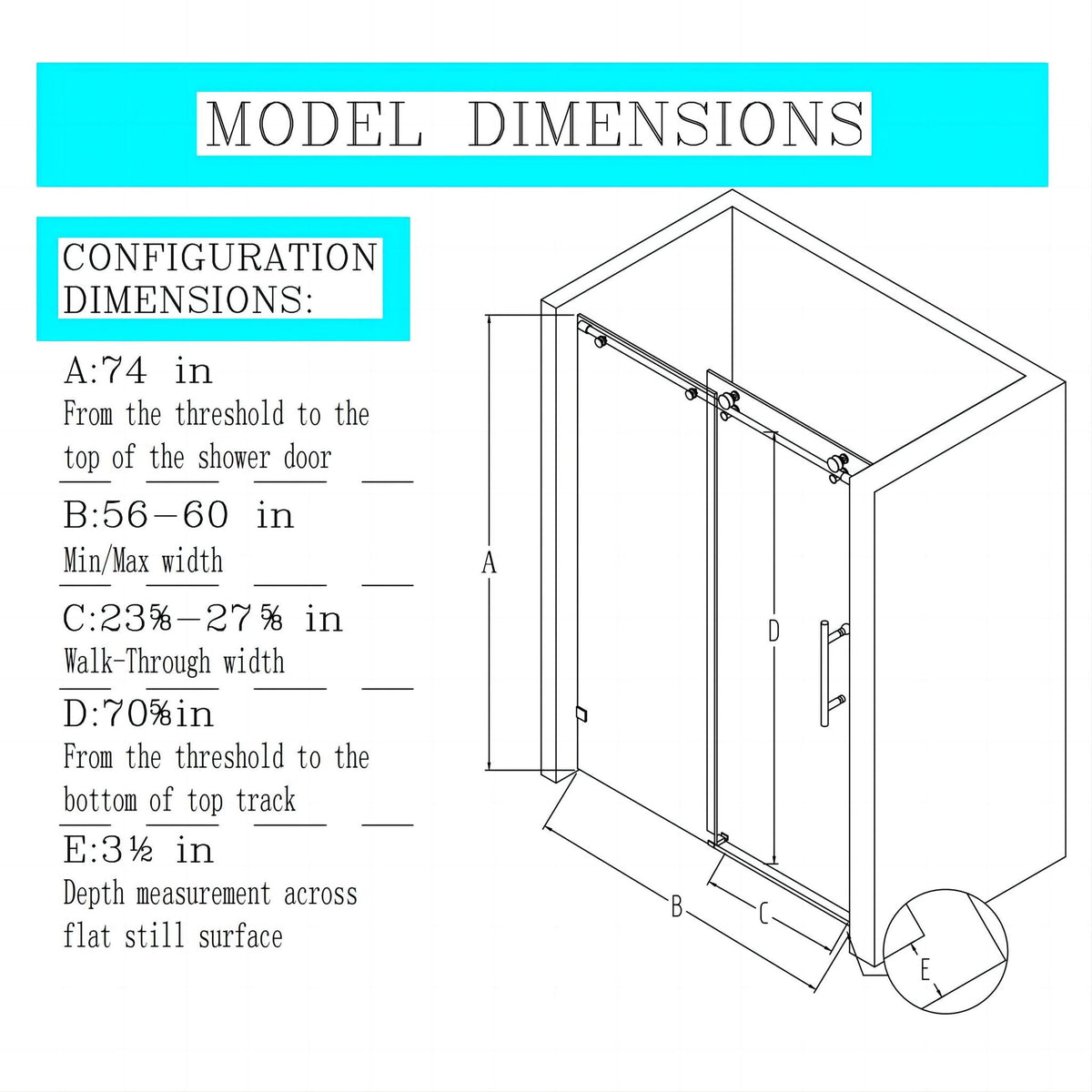 Frameless single sliding soft close shower doors schematic with isometric view HouseOfZazla on Tampa Home & Garden Store