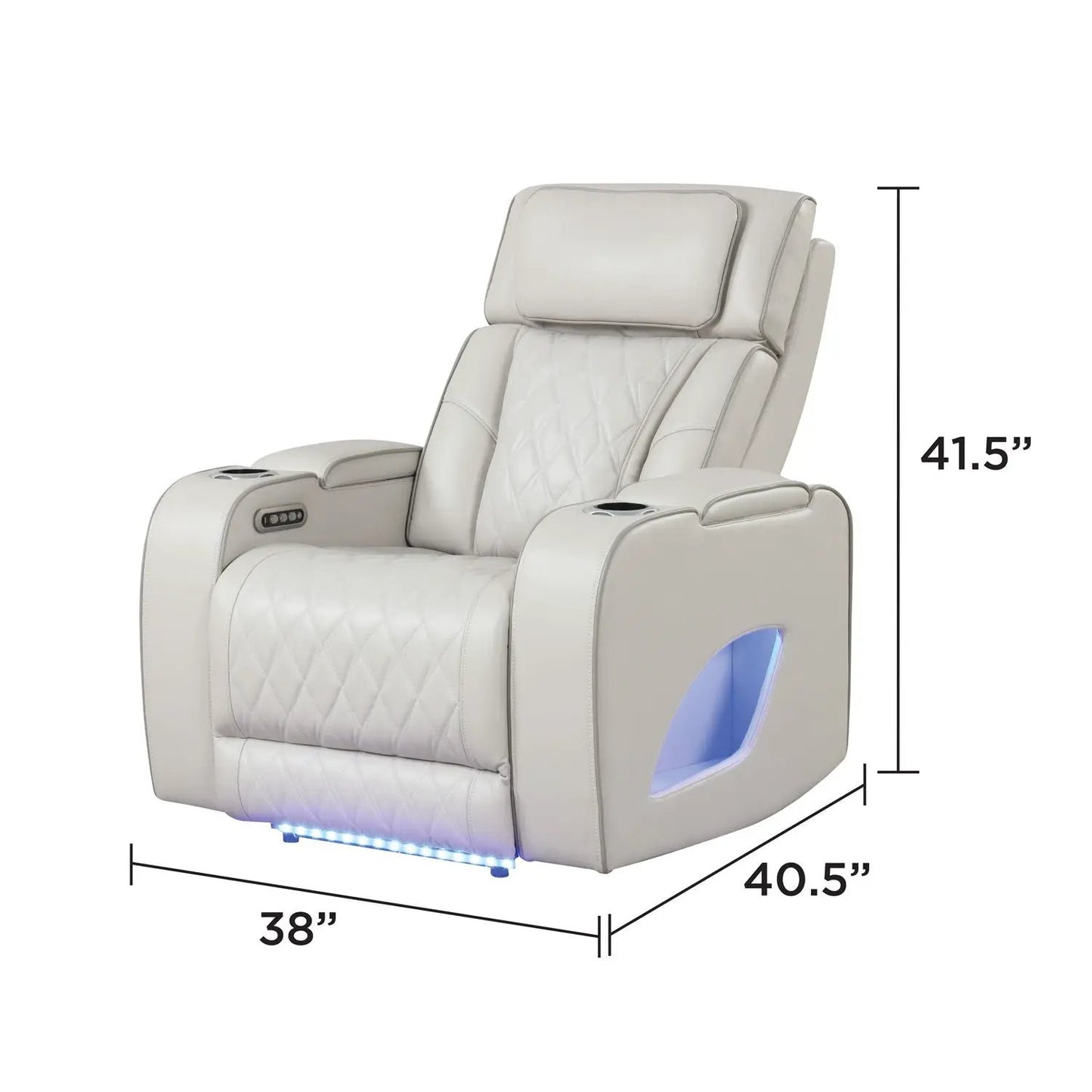 Fortuner power reclining chair, cream quilted leather, by Unique Piece, cup holders and side control, blue LED on Tampa Home & Garden Store