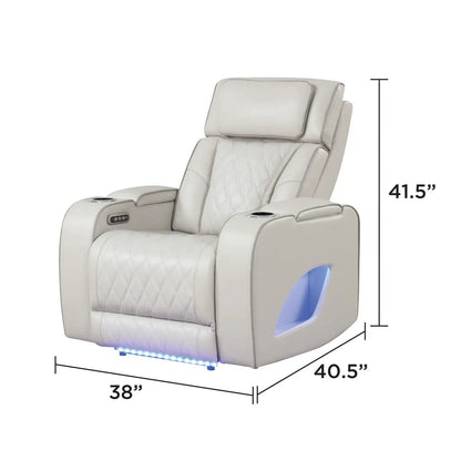 Fortuner power reclining chair, cream quilted leather, by Unique Piece, cup holders and side control, blue LED on Tampa Home & Garden Store