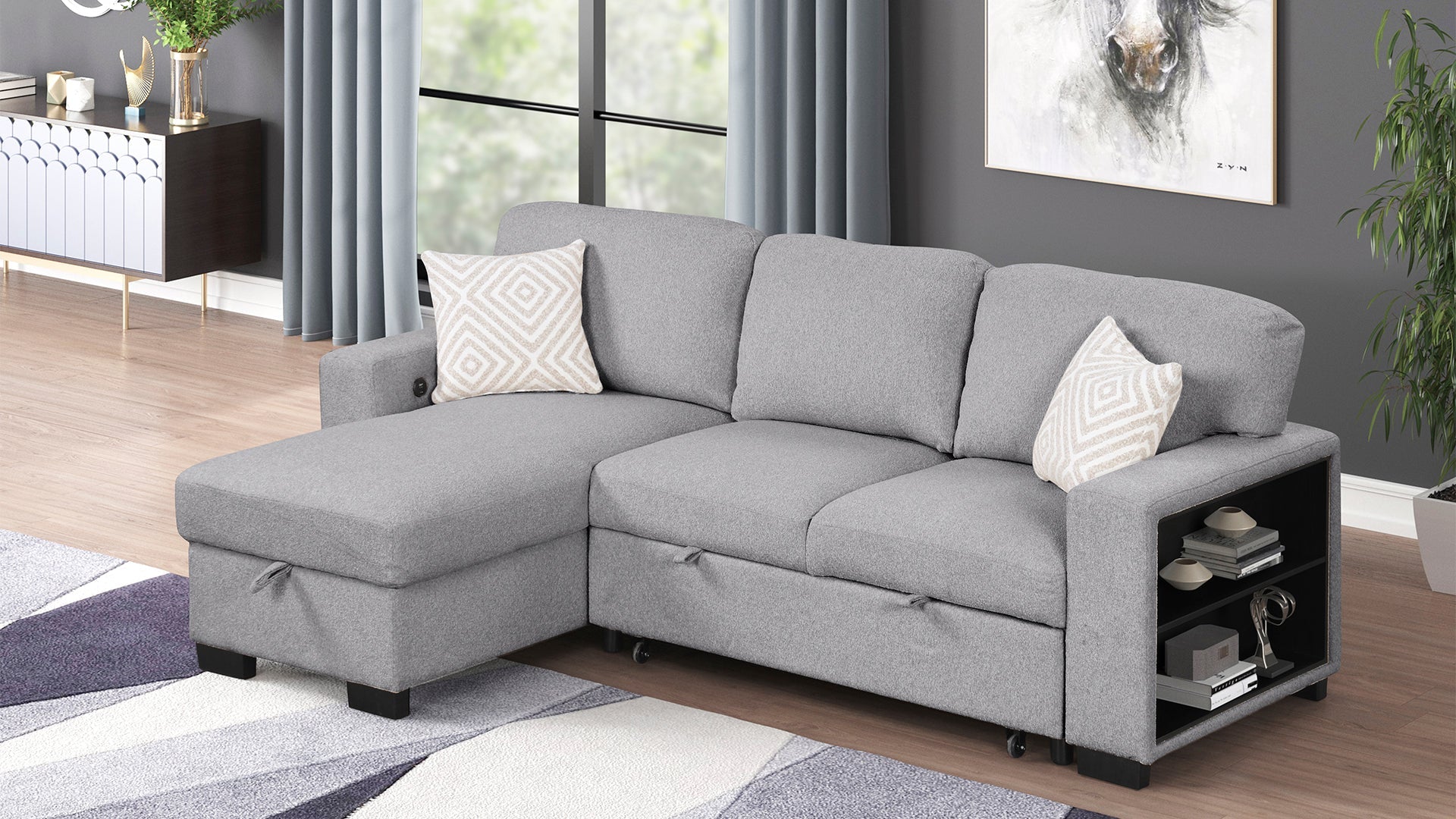 Pinto Sectional Sofa in gray fabric with chaise and built-in storage cubbies on Tampa Home & Garden Store