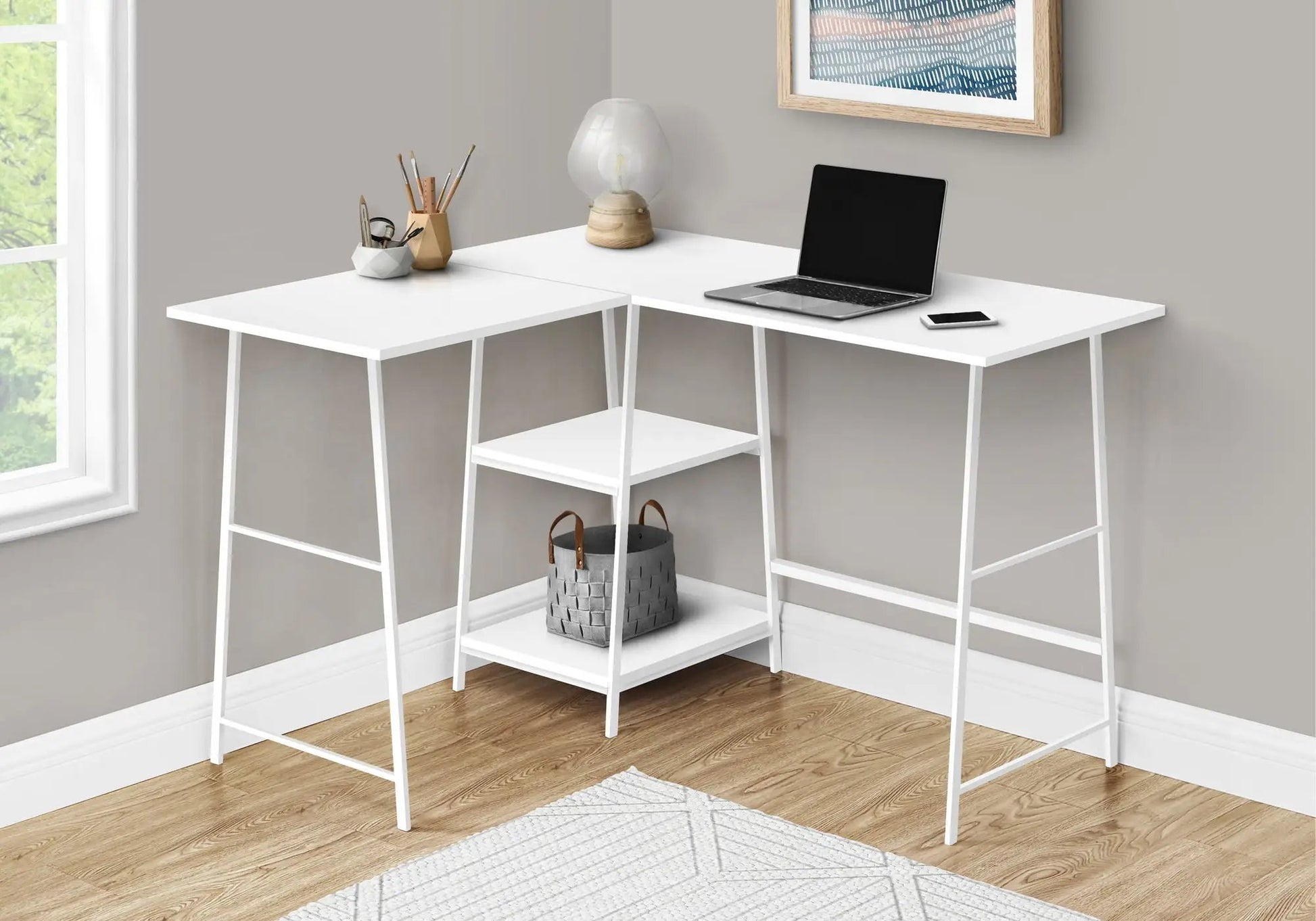 Corner desk, white L-shaped with open shelves; laptop on right, basket below on Tampa Home & Garden Store