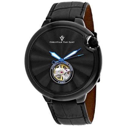 Men's black Christian Van Sant Cyclone Automatic watch with blue hands leather strap on Tampa Home & Garden Store