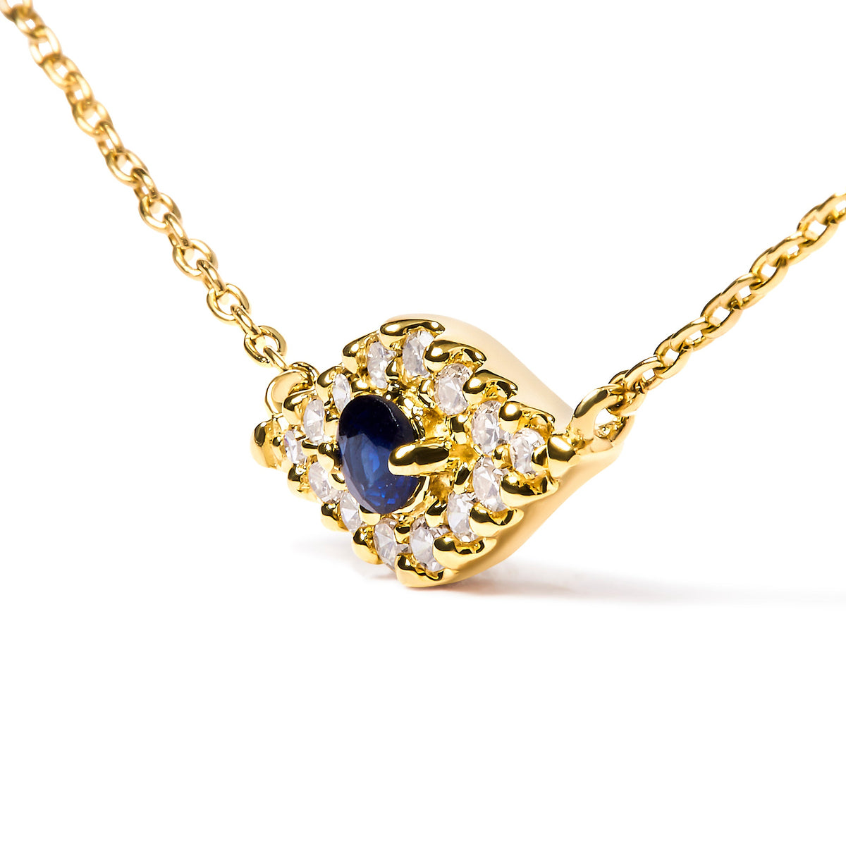 Gold 10K evil eye pendant with blue sapphire center and diamond accents on 18in chain on Tampa Home & Garden Store