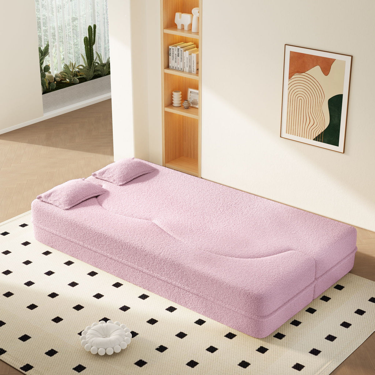 Modern Floor Sleeper Sofa Bed And Two Pillows