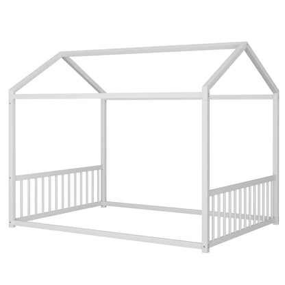 Montessori Floor House Bed with Safety Guardrails, white wooden frame by HouseOfZazla on Tampa Home & Garden Store