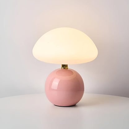 USB Mushroom Lamp by Moktan Sabai, pink ceramic base with white mushroom shade, ambient light on Tampa Home & Garden Store