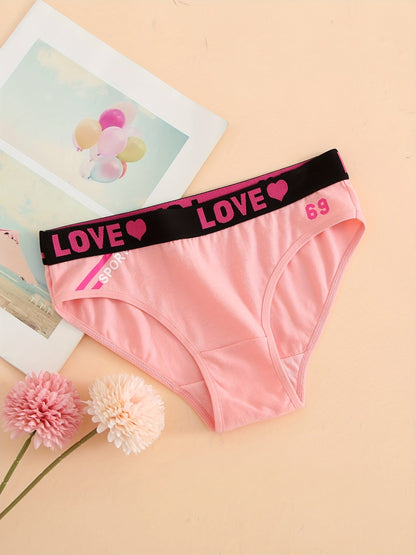 Stevvex pink seamless bikini briefs with black elastic waistband reading LOVE and hearts on Tampa Home & Garden Store