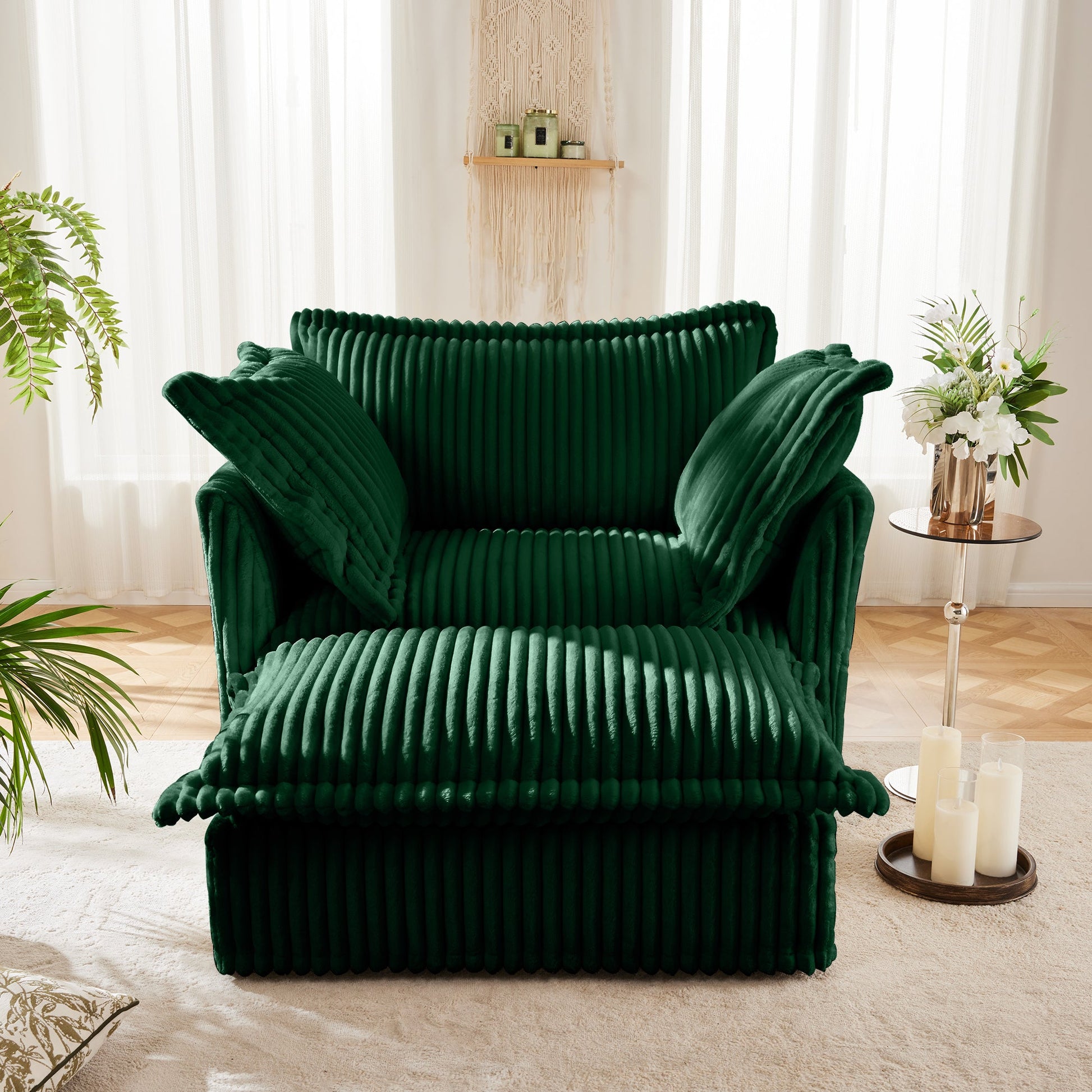 Upholstered armchair and ottoman set emerald green velvet ribbed texture HouseOfZazla on Tampa Home & Garden Store