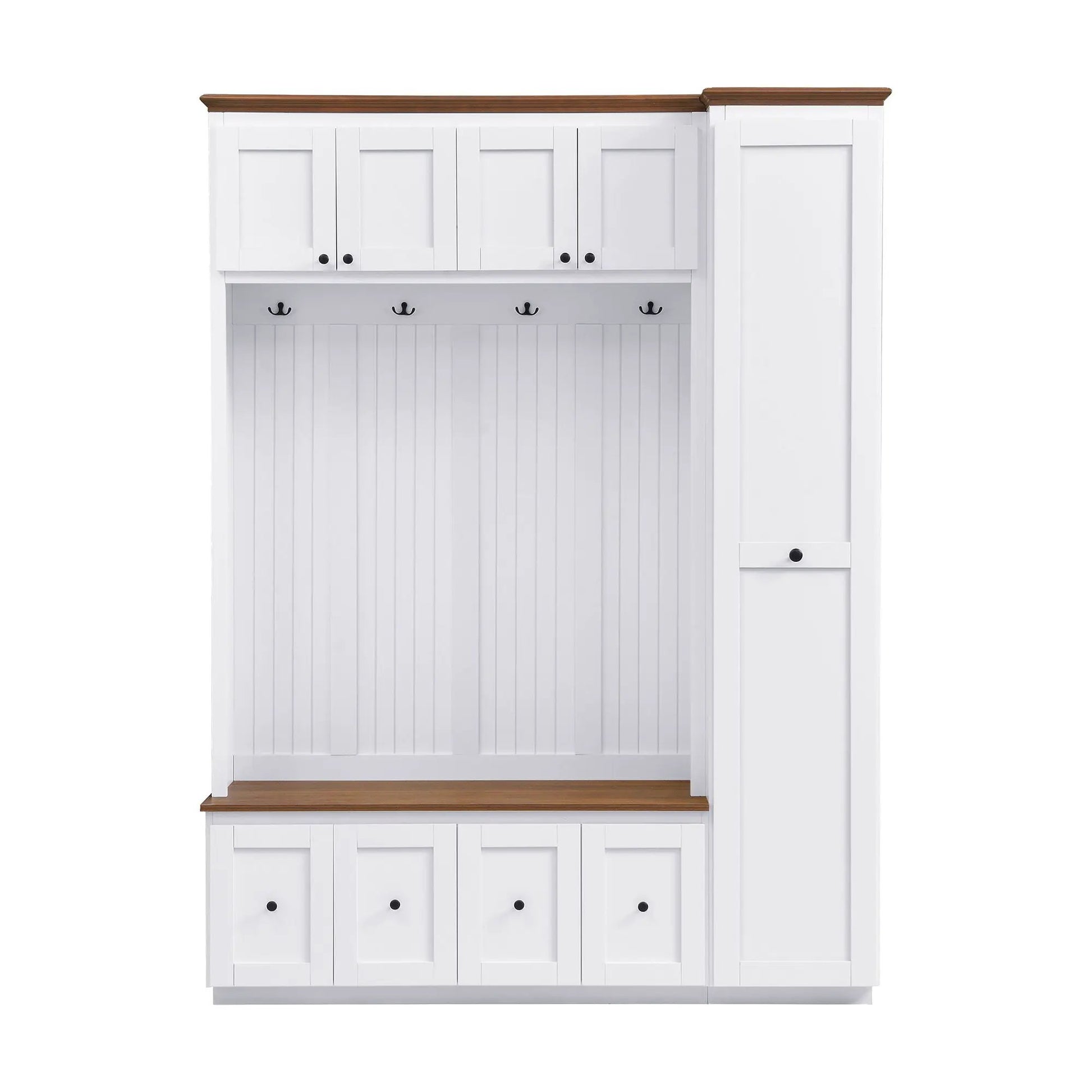 Entryway hall tree with storage bench in white wood upper cabinets beadboard panel black knobs on Tampa Home & Garden Store