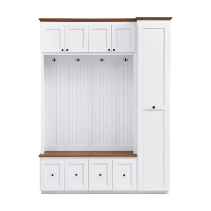 Entryway hall tree with storage bench in white wood upper cabinets beadboard panel black knobs on Tampa Home & Garden Store