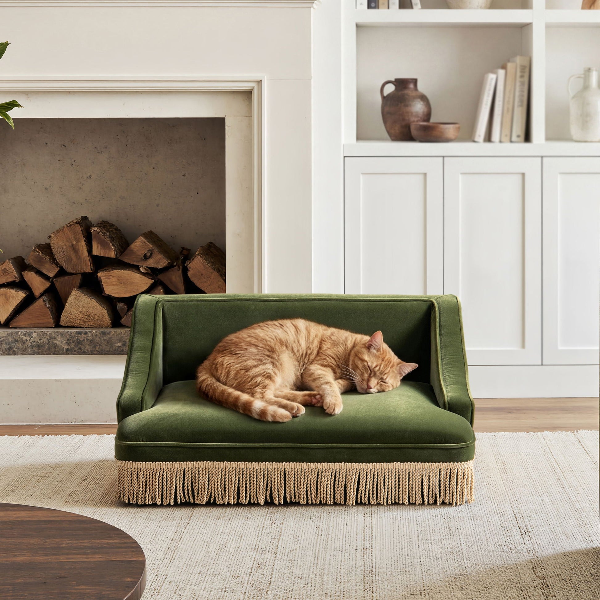 Duchess pet bed sofa by HouseOfZazla in green velvet with sleeping cat on Tampa Home & Garden Store