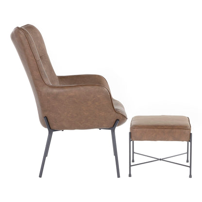 Industrial lounge chair and ottoman in brown leather with metal legs, 2pc stationary set on Tampa Home & Garden Store