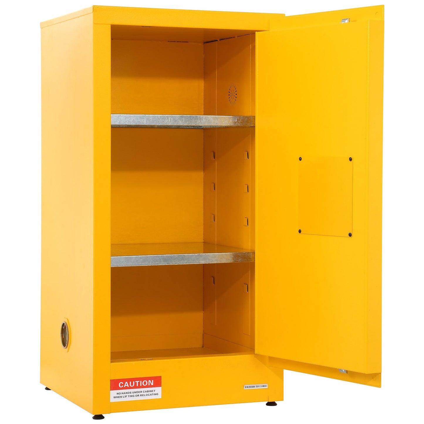 Galvanized steel flammable storage cabinet in yellow with open door and metal shelves on Tampa Home & Garden Store