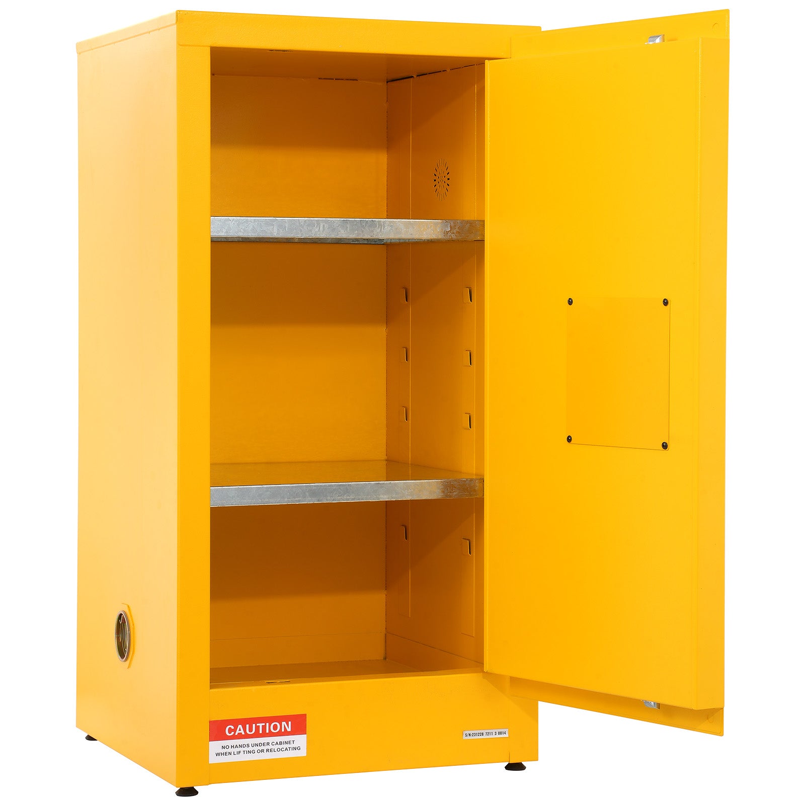 Galvanized steel flammable storage cabinet in yellow with open door and metal shelves on Tampa Home & Garden Store