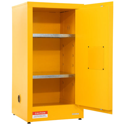 Galvanized steel flammable storage cabinet in yellow with open door and metal shelves on Tampa Home & Garden Store
