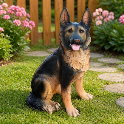 German Shepherd statue by HouseOfZazla, outdoor resin garden dog in black and tan on Tampa Home & Garden Store