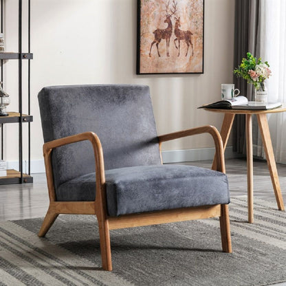HouseOfZazla classic mid-century modern arm chair with open wooden frame and grey cushion on Tampa Home & Garden Store