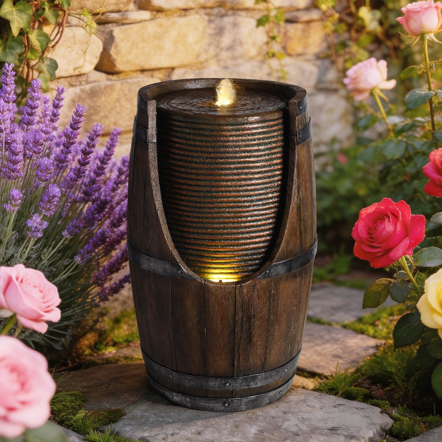 Outdoor Barrel Water Fountain with Rustic Wood Look Resin by HouseOfZazla, dark ribbed barrel on Tampa Home & Garden Store