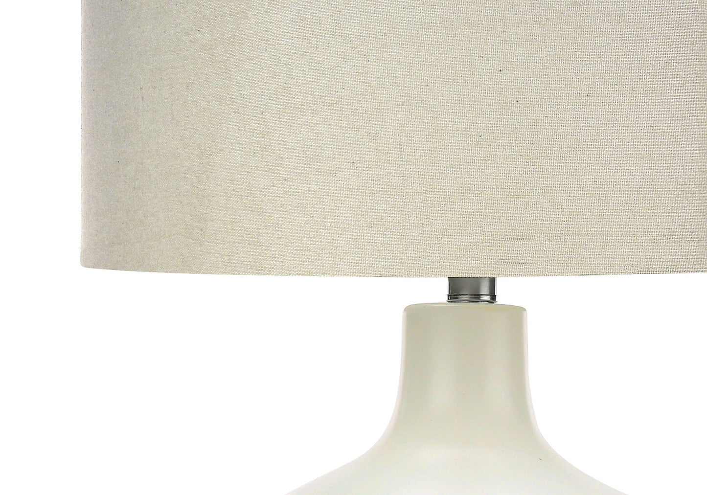 Table lamp with cream fabric shade and white ceramic base with chrome neck on Tampa Home & Garden Store