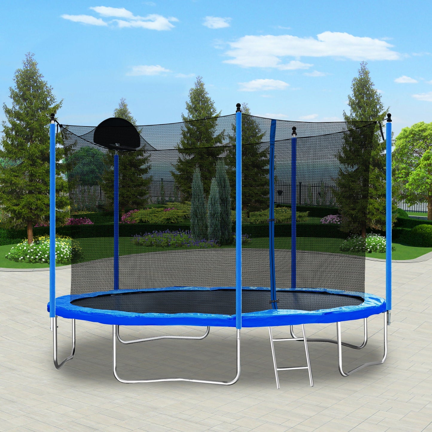 12ft Trampoline with Basketball Hoop and Blue Net