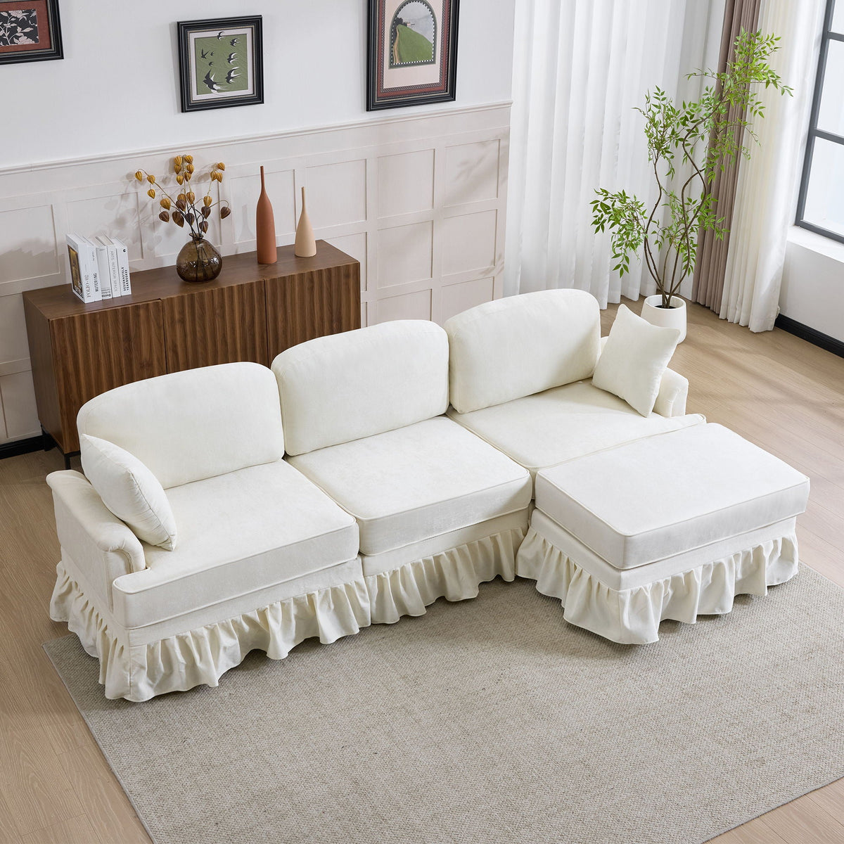 L-shaped sectional sofa 2-piece white set with removable ruffled skirt and ottoman on Tampa Home & Garden Store