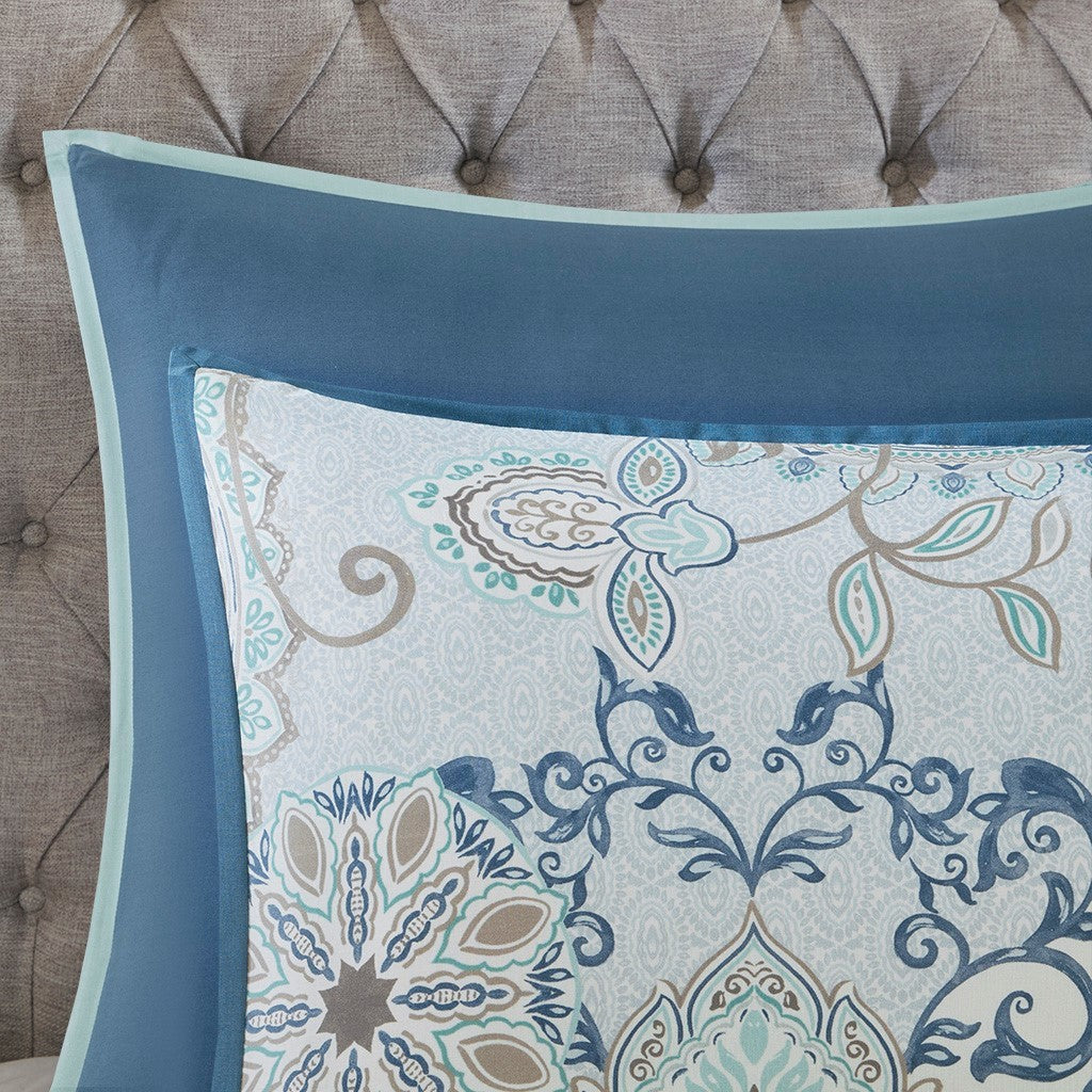 HouseOfZazla blue floral cotton reversible comforter set close-up with blue pillows on headboard on Tampa Home & Garden Store