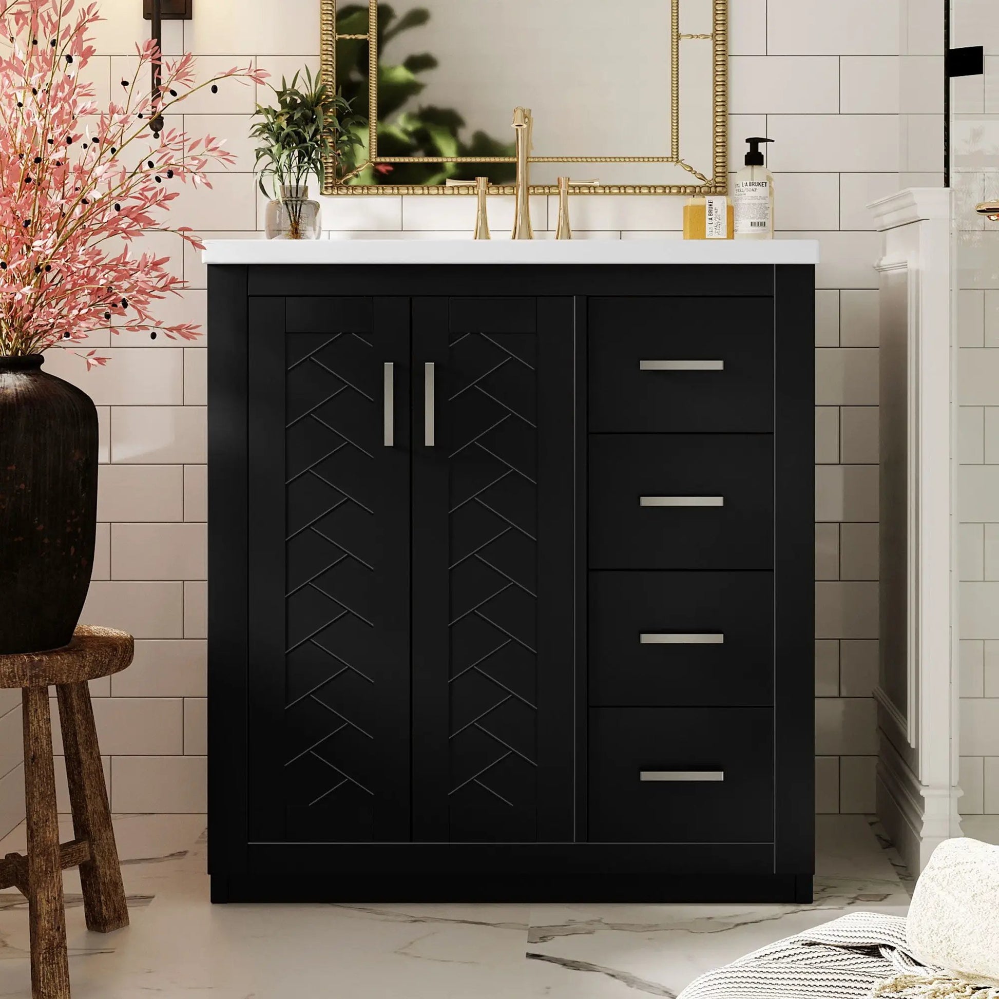 Bathroom vanity with sink in black cabinet, panel doors, gold faucet, 3 drawers with soft-close on Tampa Home & Garden Store
