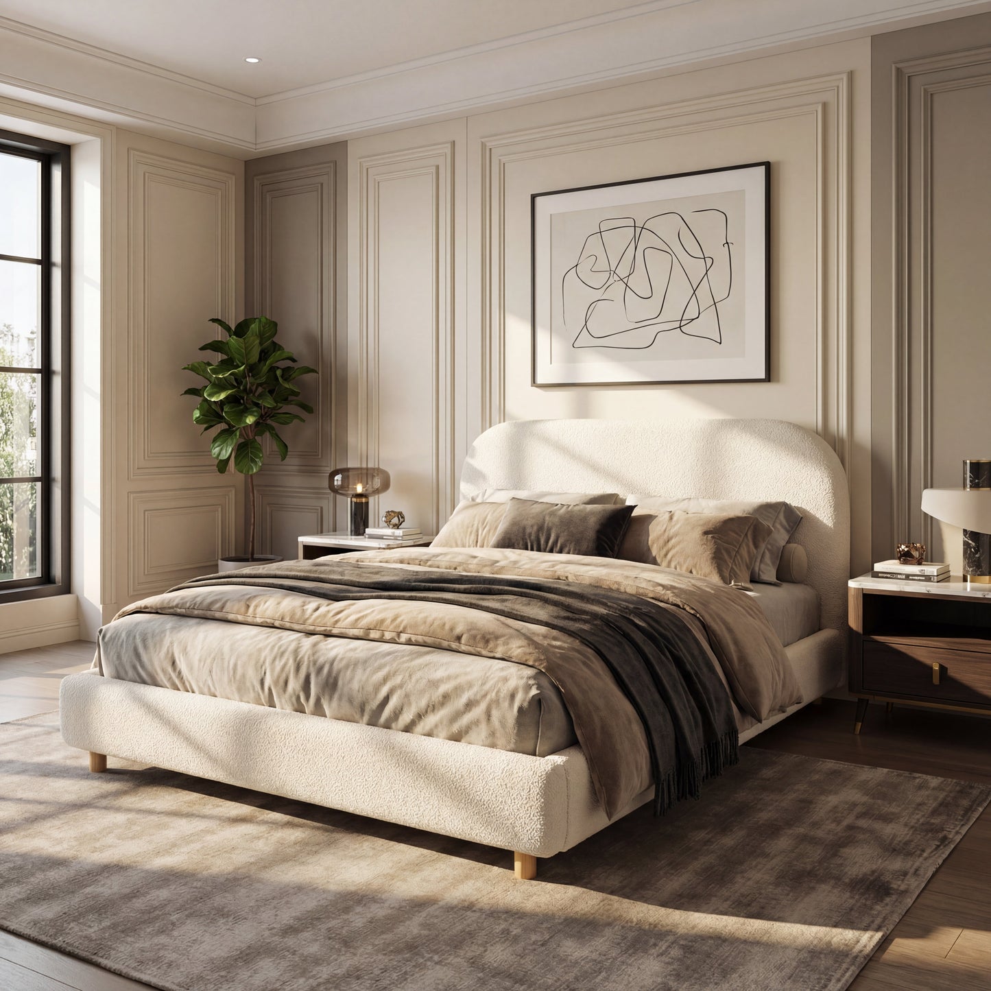 Queen Size Boucle Upholstered Bed by HouseOfZazla; cream boucle fabric, low-profile frame on Tampa Home & Garden Store