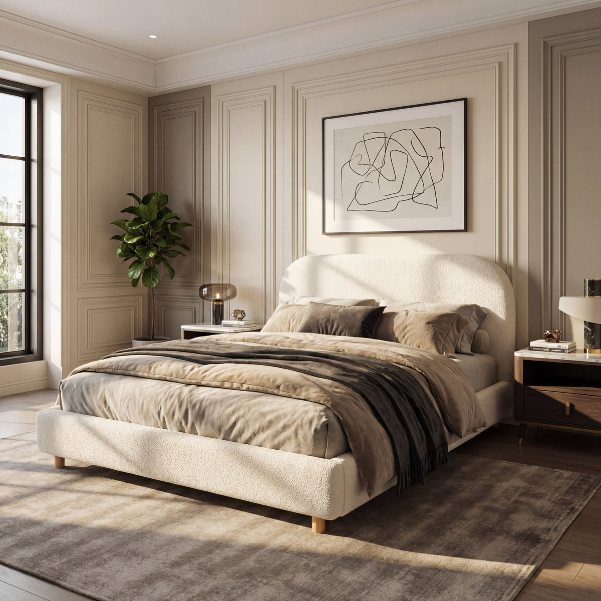 Queen Size Boucle Upholstered Bed by HouseOfZazla; cream boucle fabric, low-profile frame on Tampa Home & Garden Store