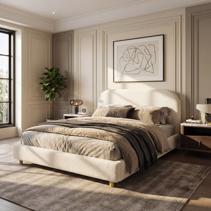 Queen Size Boucle Upholstered Bed by HouseOfZazla; cream boucle fabric, low-profile frame on Tampa Home & Garden Store