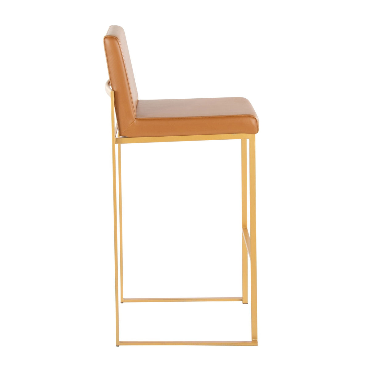 Contemporary high-back barstool with tan upholstered seat and gold metal base on Tampa Home & Garden Store