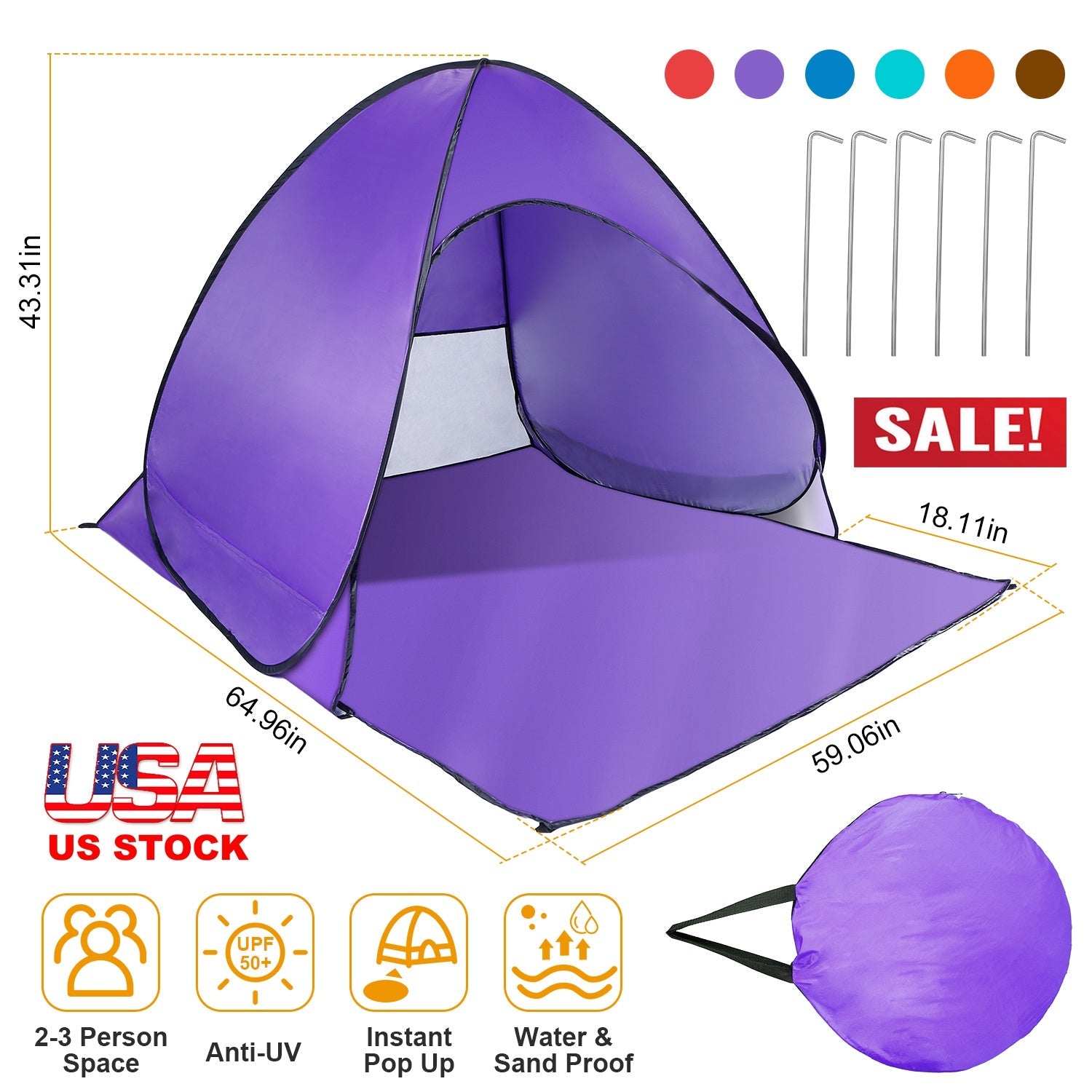 GemGear pop-up beach tent 2–3 person purple anti-UV waterproof canopy with storage bag and 6 stakes on Tampa Home & Garden Store