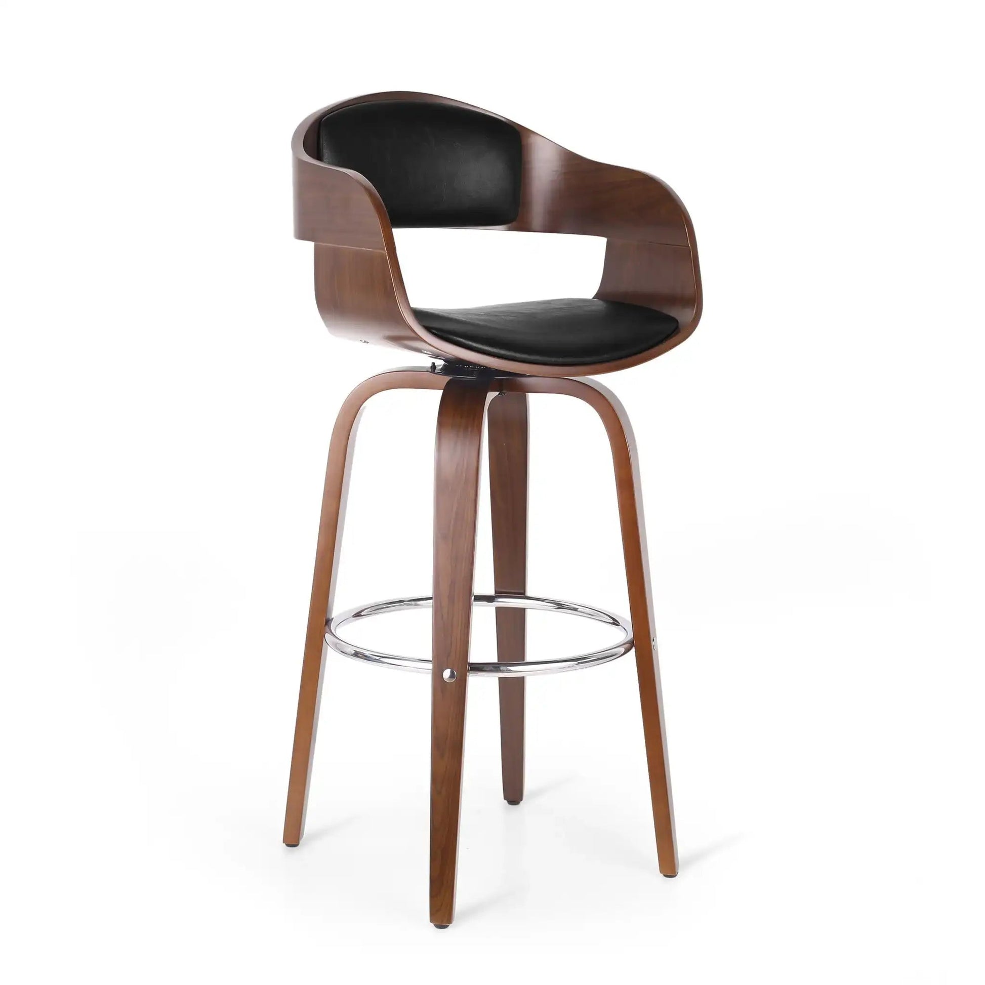 Modern swivel bar stool with curved wood shell, black cushion, footring, HouseOfZazla on Tampa Home & Garden Store