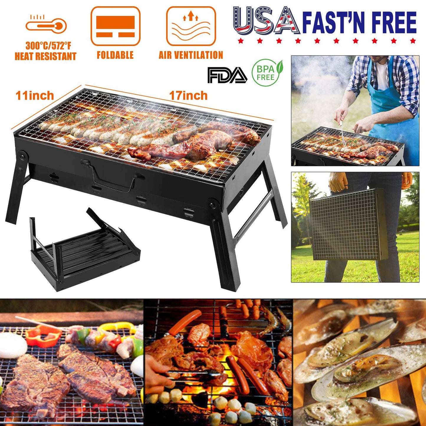 GemGear portable foldable charcoal grill with 11x17 inch cooking surface and foldable legs on Tampa Home & Garden Store