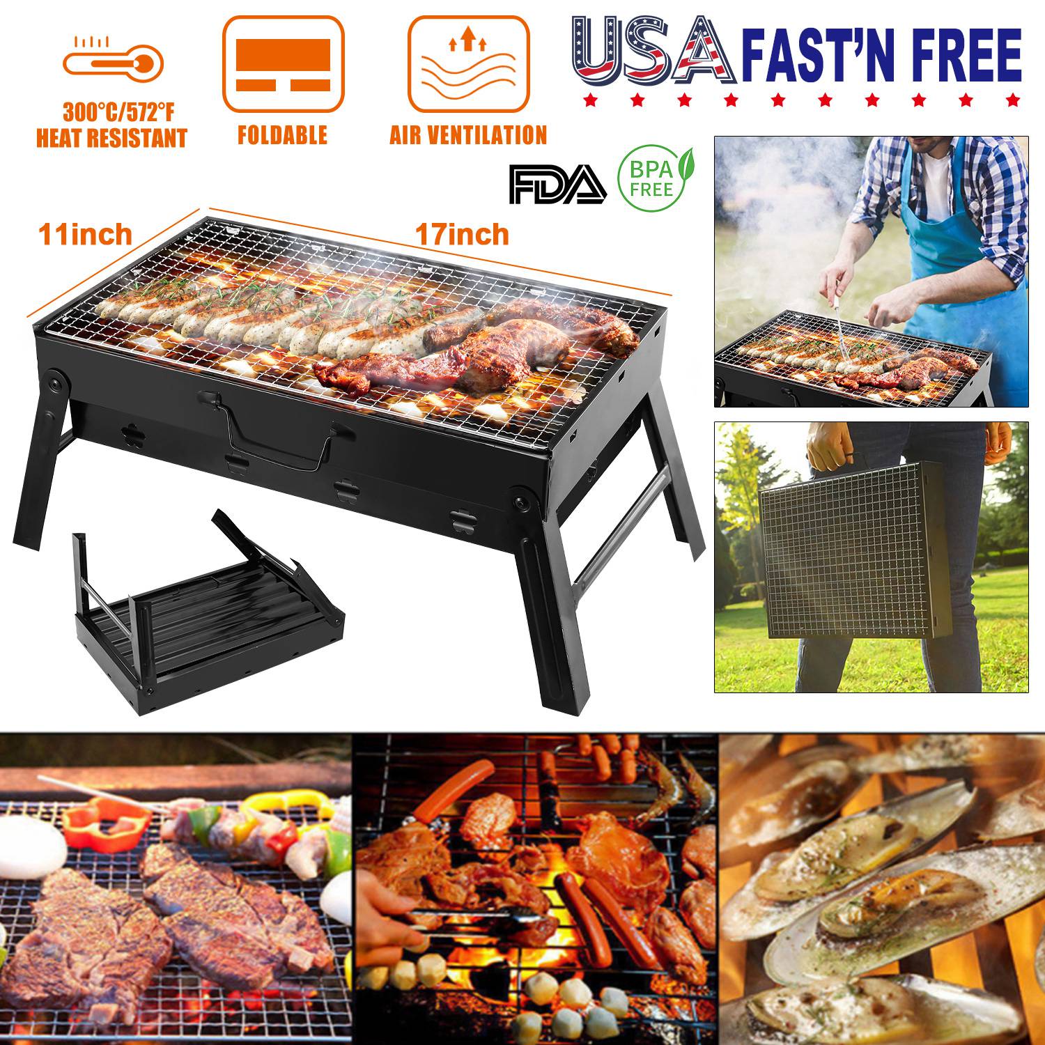 GemGear portable foldable charcoal grill with 11x17 inch cooking surface and foldable legs on Tampa Home & Garden Store