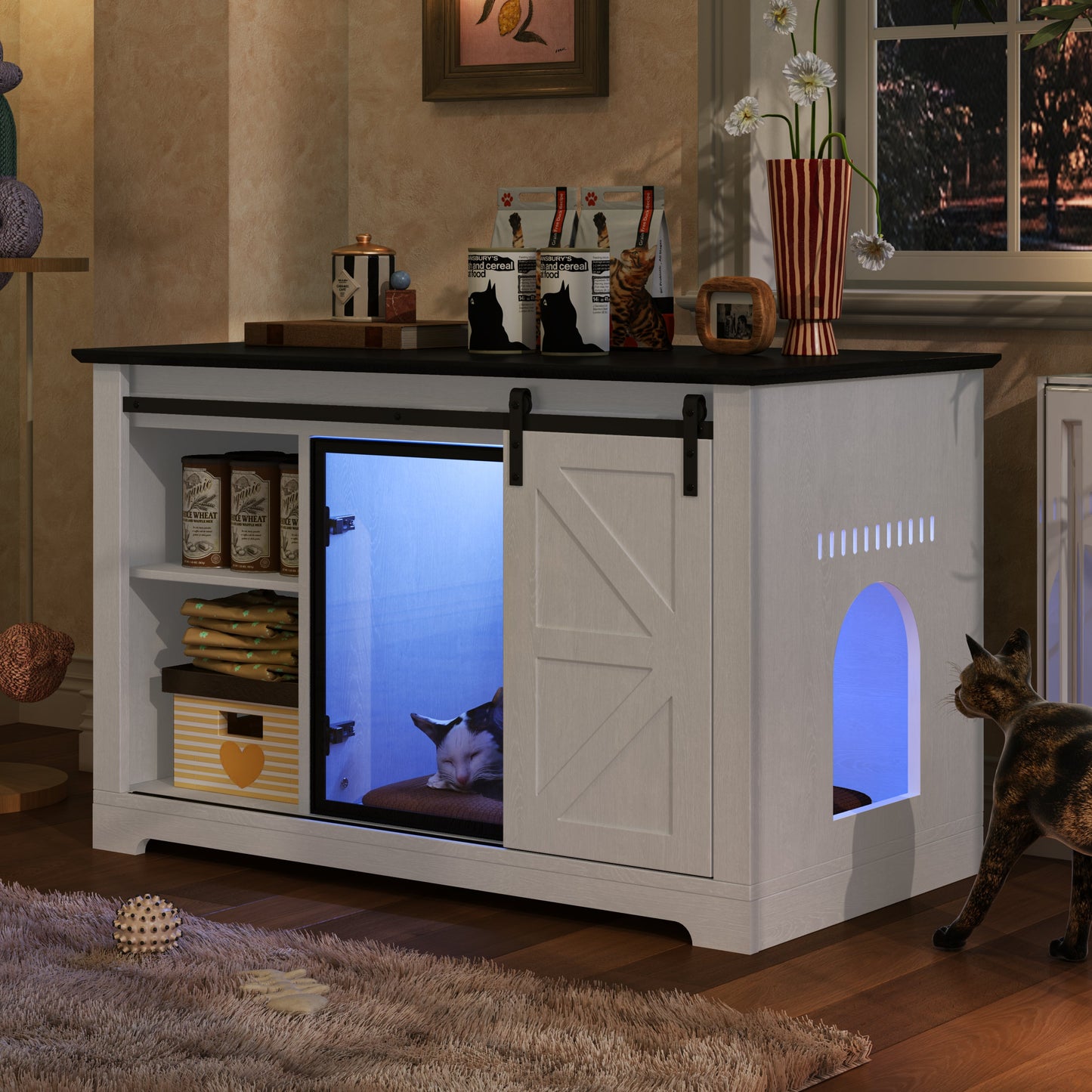 HouseOfZazla 46in Farmhouse Cat Litter Box Enclosure with Sliding Barn Door white cabinet on Tampa Home & Garden Store