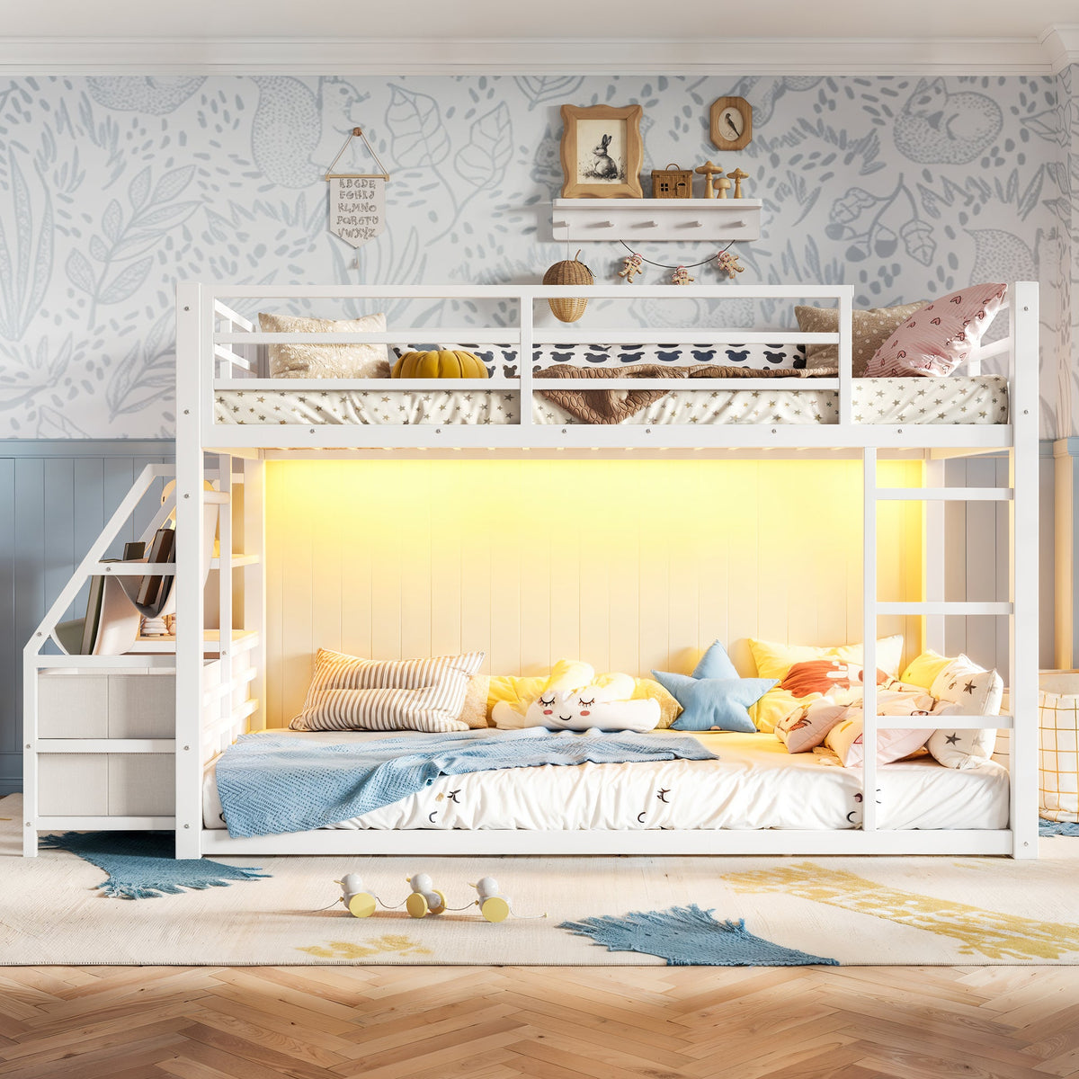 Twin over twin bunk bed with storage drawers and shelves in white on Tampa Home & Garden Store
