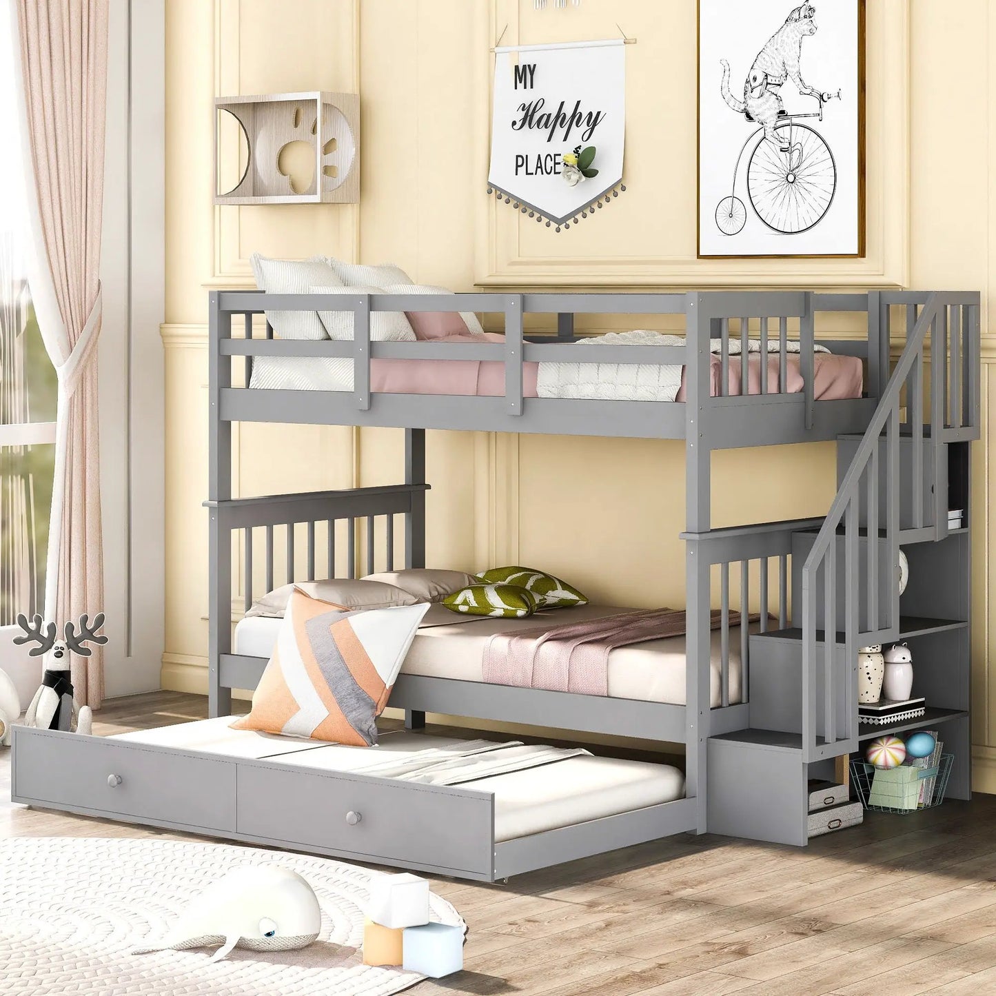 Stairway Bunk Bed with Storage and Guard Rail
