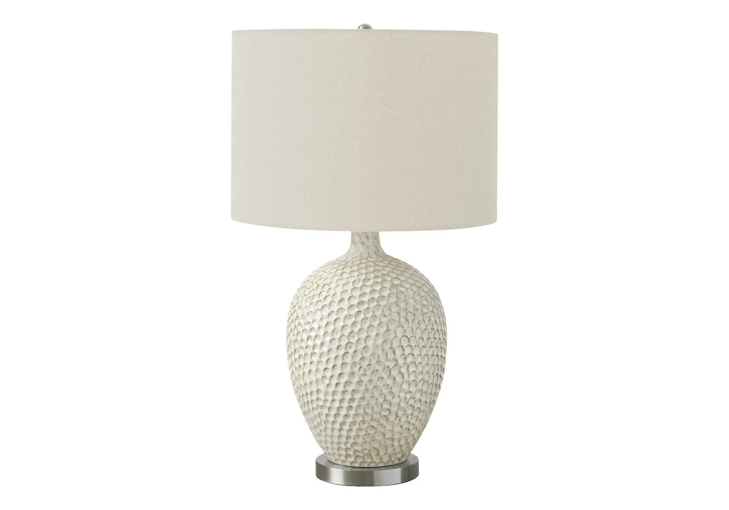 Table lamp ceramic cream hobnail base with beige linen shade, brushed metal bottom on Tampa Home & Garden Store