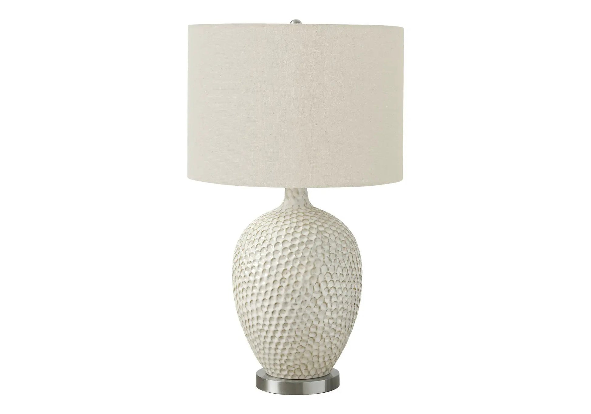 Table lamp ceramic cream hobnail base with beige linen shade, brushed metal bottom on Tampa Home & Garden Store