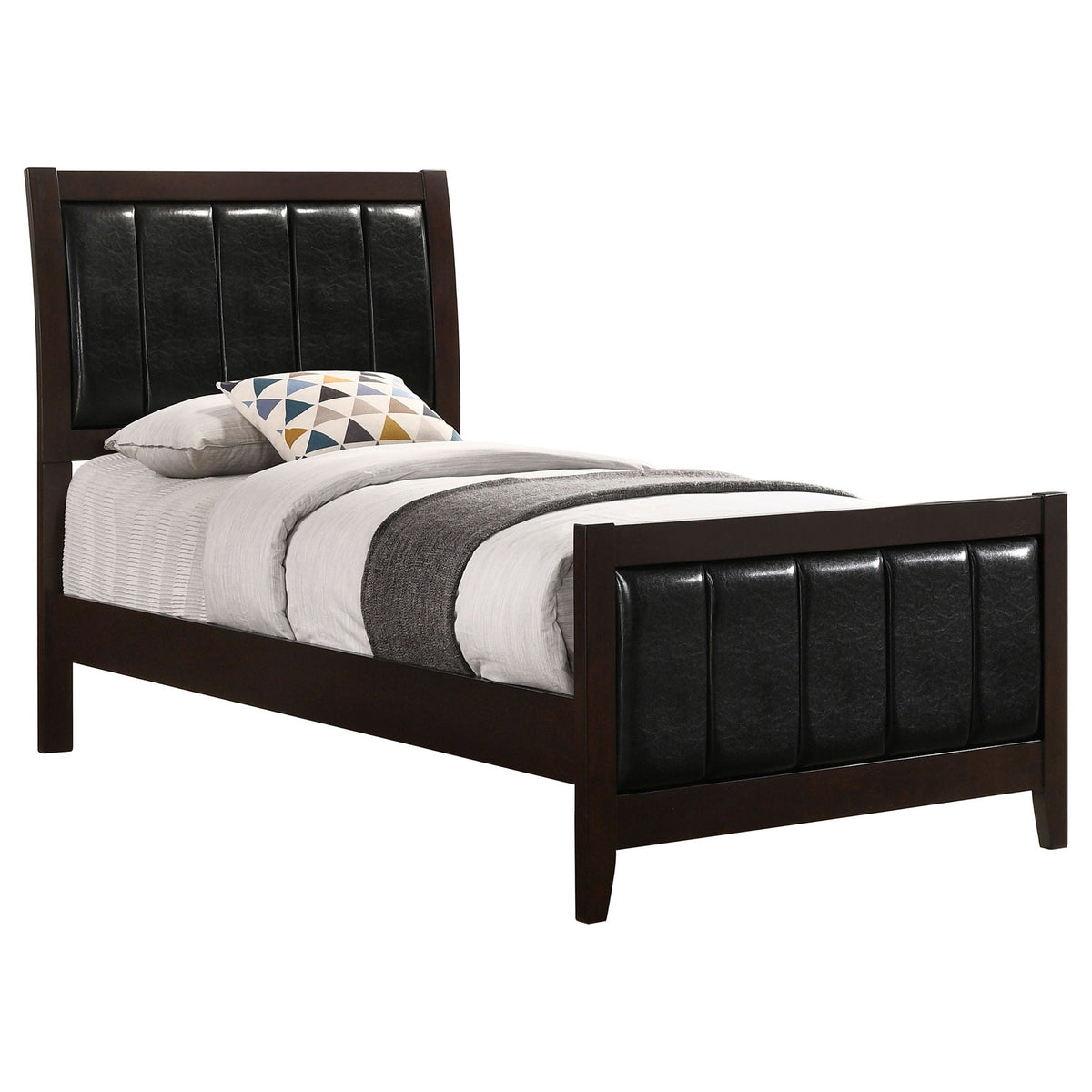 Twin Panel Bed with headboard and tapered legs in brown wood and black upholstered panels on Tampa Home & Garden Store